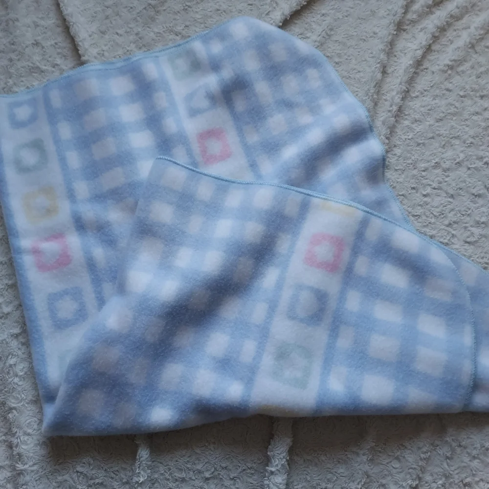 Checked Hearts Stars Baby Blanket Soft Blue Snuggly Cozy 34x42 Lovey Crib Size